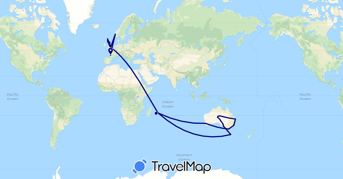 TravelMap itinerary: driving in Australia, France, United Kingdom, Mauritius, Norway (Africa, Europe, Oceania)